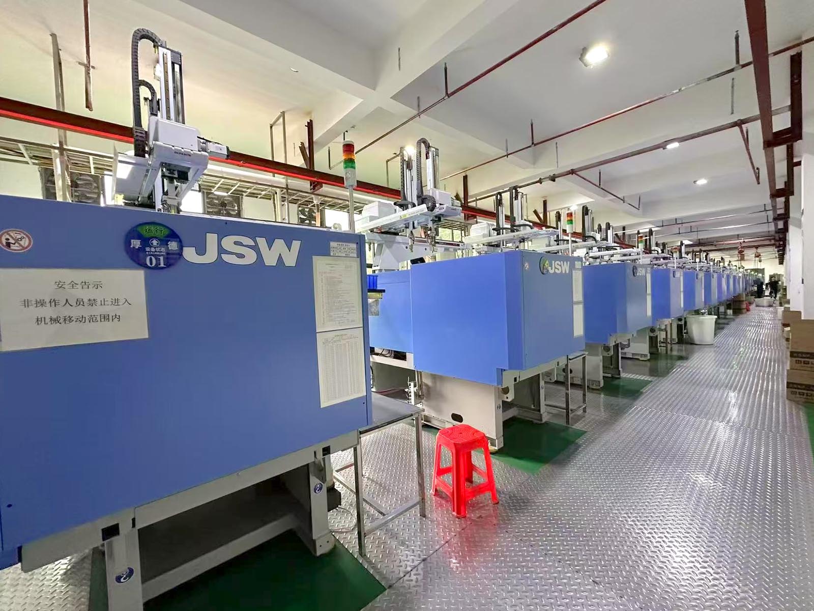 JSW injection molding machine cluster for automated OEM plastic parts production